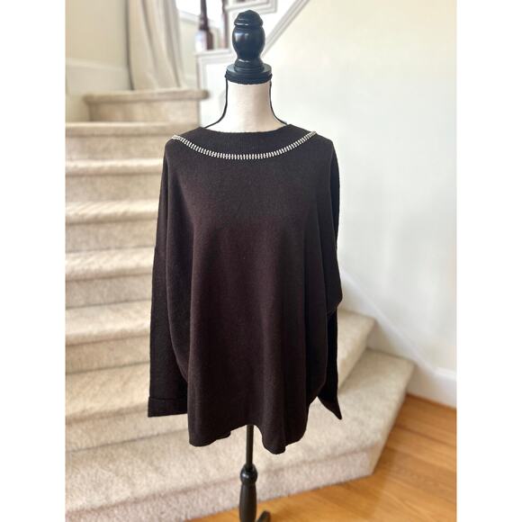 NWT Soft Surroundings Dark Brown Rhinestone Collar Crewneck Sweater - Picture 1 of 8